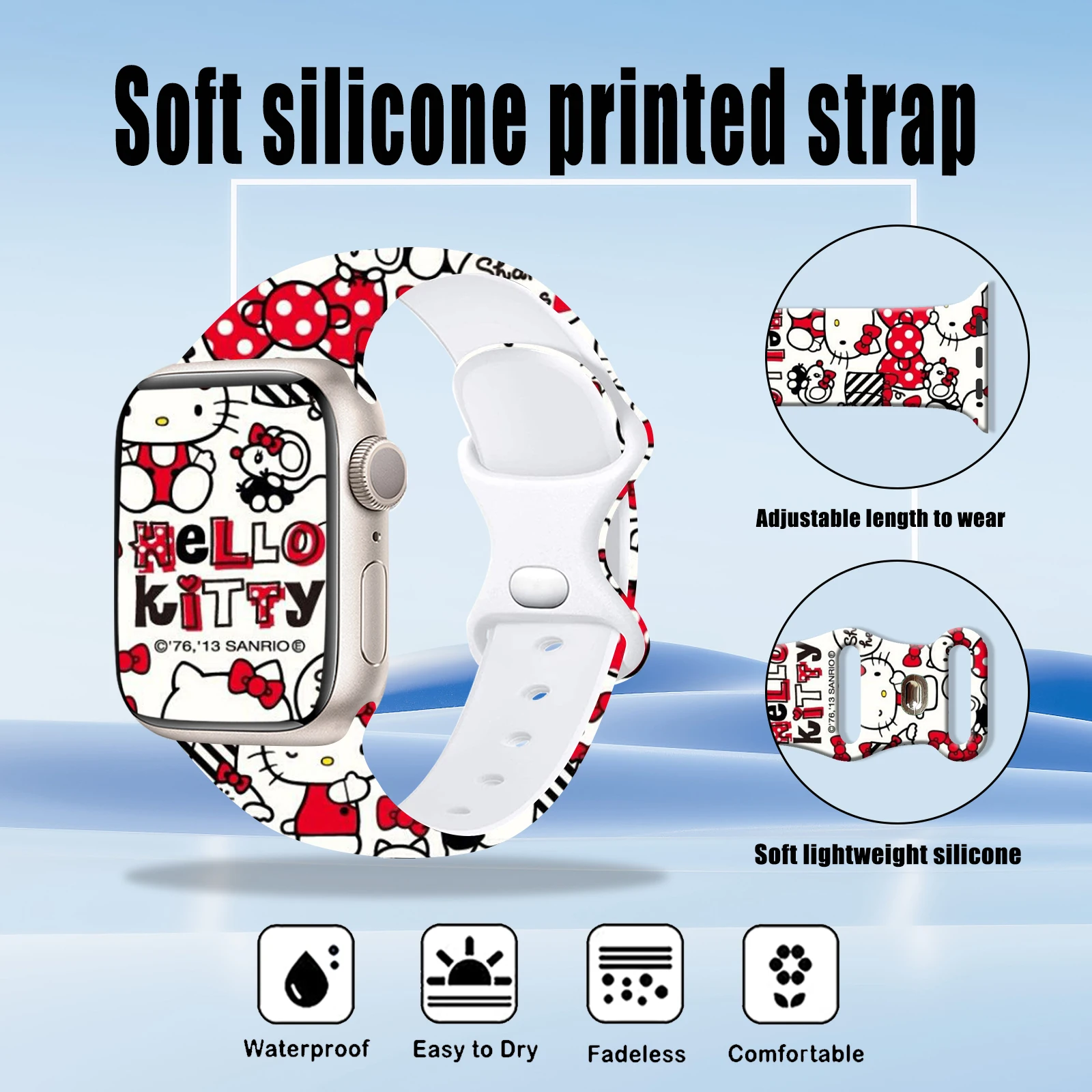 Sanrio Cool Hello Kitty Strap for Apple Watch 10 9 8 7 SE Silicone Band Replaceable Bracelet for iWatch 46mm 45mm 44mm 42mm 40mm