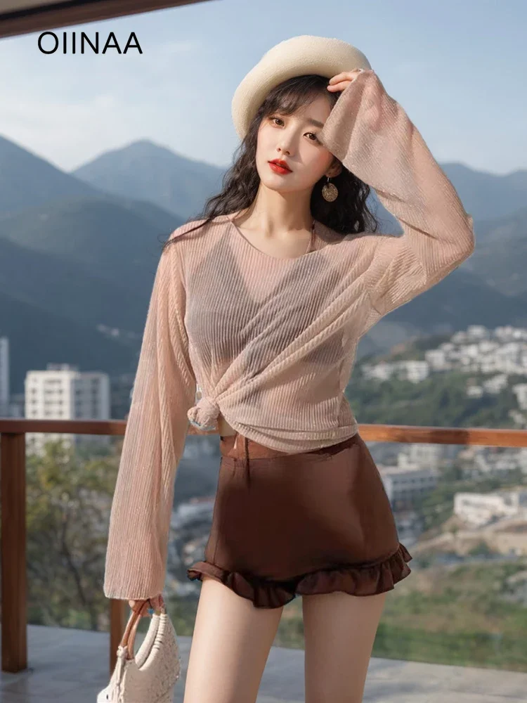 Oiinaa cover-ups maiô feminino halter cordão split maiô cintura alta babados praia shorts verão 2025 conjunto de biquíni