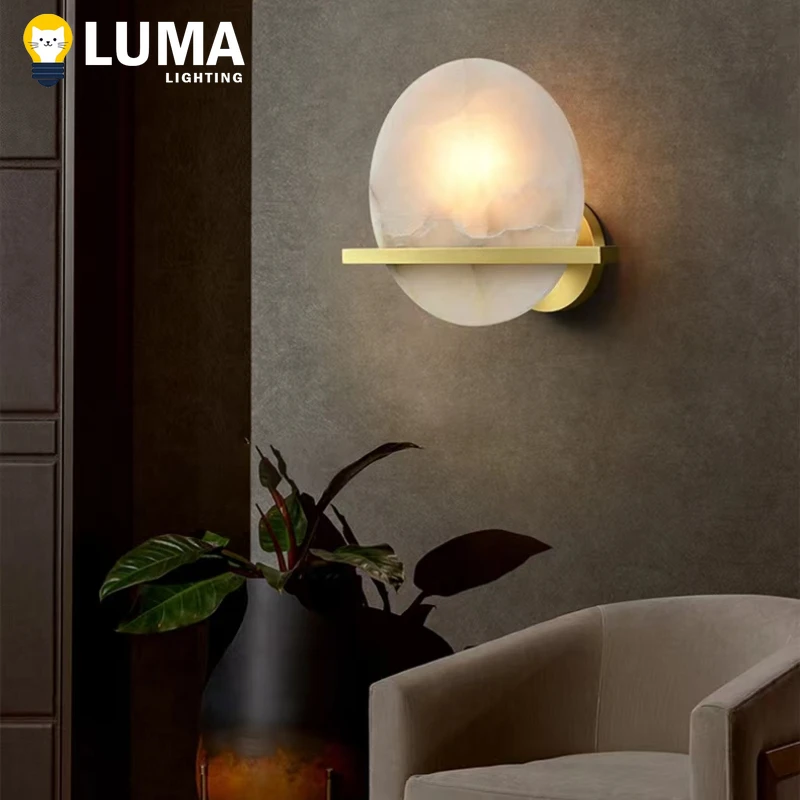 

Spanish Marble Wall Lamp - Luxury Solid Copper Alabaster Marble Wall Sconce for Livingroom Corridor Bedroom Bedside Home Decor