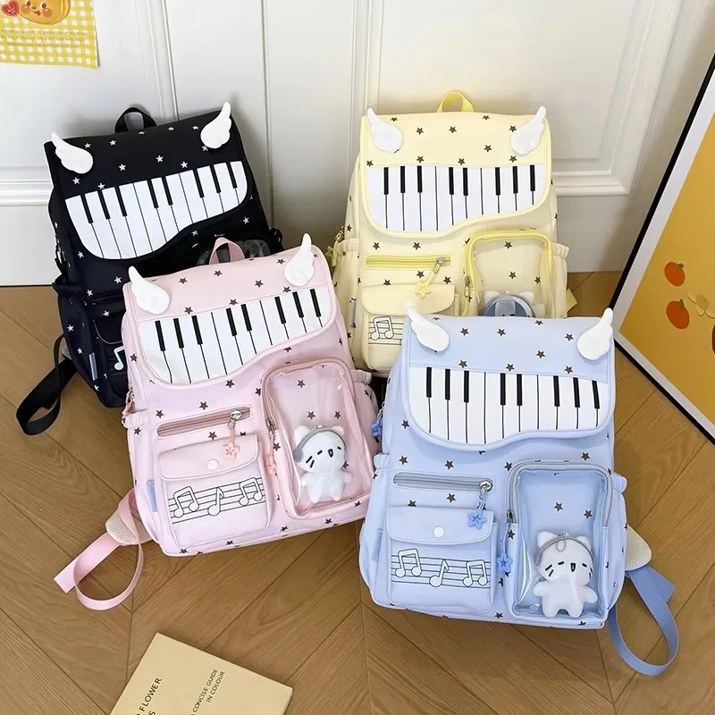Cute Piano Key Star Print Backpack Girls Kawaii Musical Note School Bag 3d Angel Wing Decor Student Large Capacity Flap Rucksack