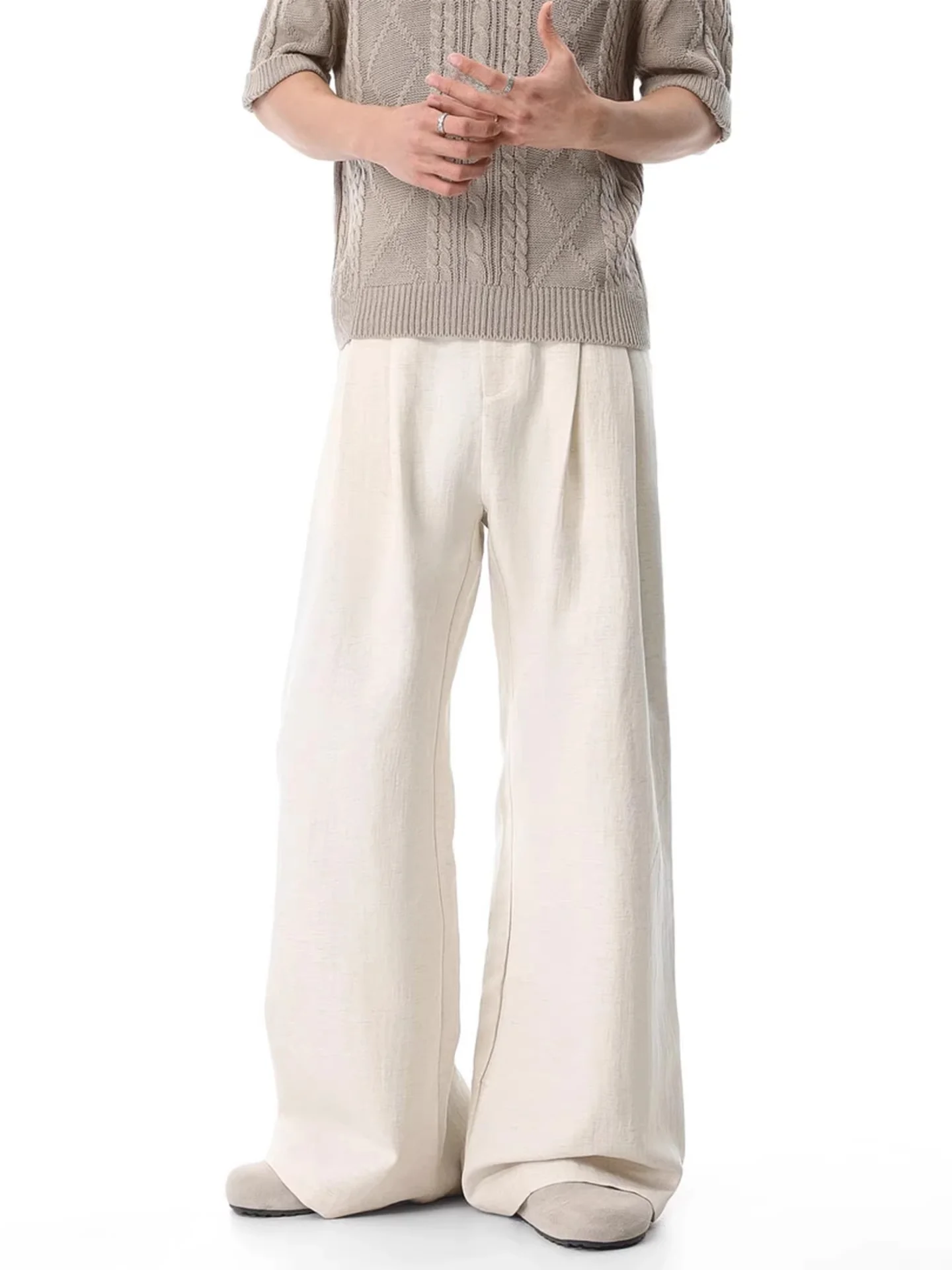 

Мужские повседневные брюки свободного кроя из льна на весну, модные прямые брюки с широкими штанинами