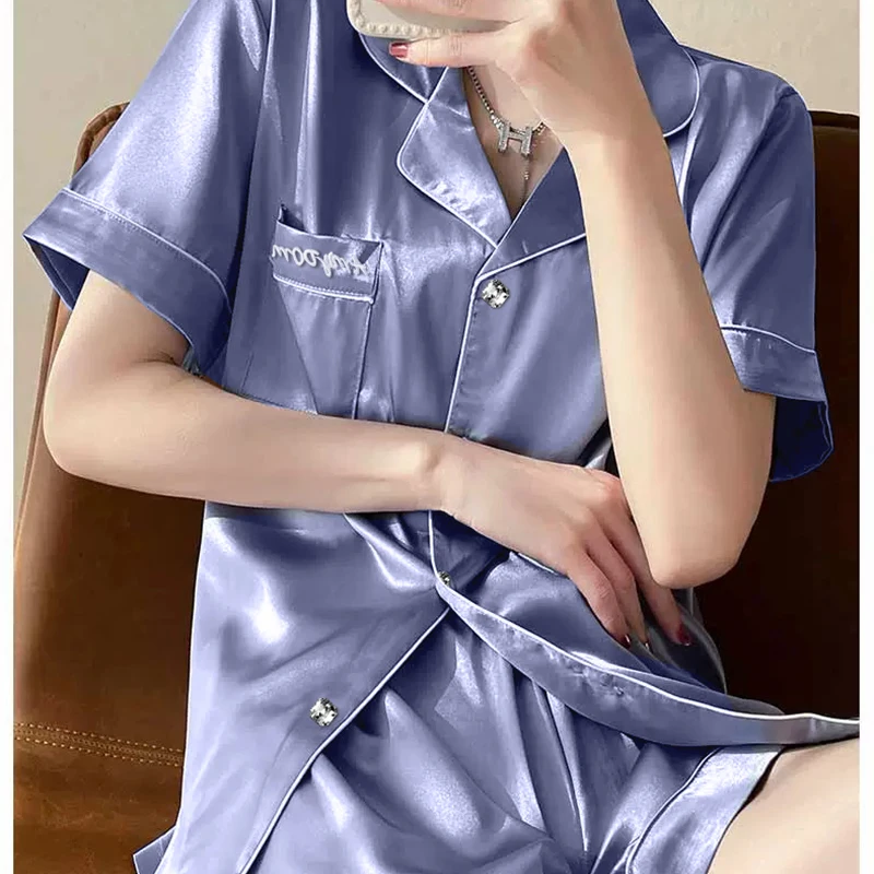 Embroidery Solid Women\'s Summer Casual Pajama Set 2024 New Y2k Fashion Purple Nightwear Classic Soft Simulated Silk Housewear