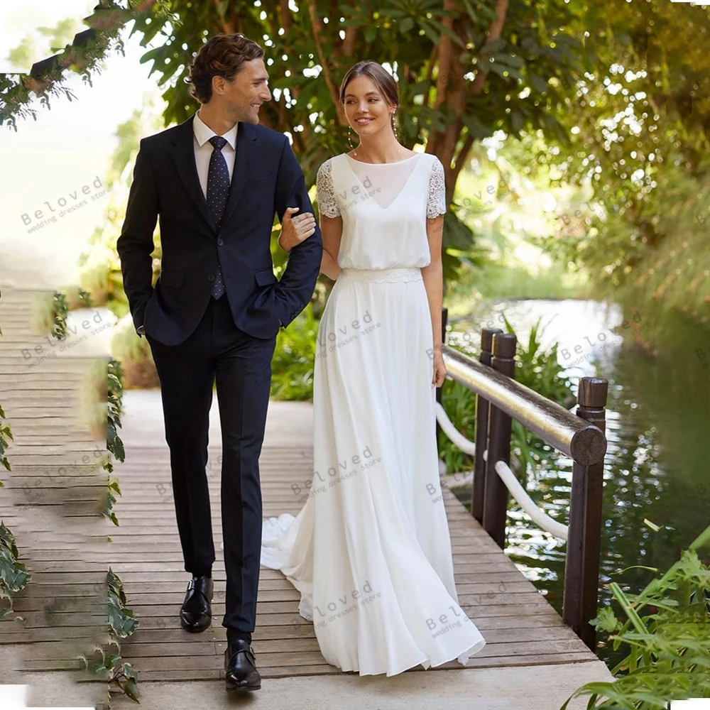 Glamorous-Vestidos De Novia acampanados, elegantes Vestidos De Novia De gasa, largos hasta el suelo, De manga corta, con Espalda descubierta, 2024