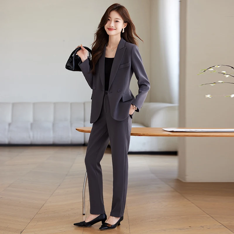 ZJYT Elegant Chic Women\'s Blazer Suit Trousers 2 Piece Matching Set Autumn Fashion Long Sleeve Coat Pant Sets Office Lady Outfit