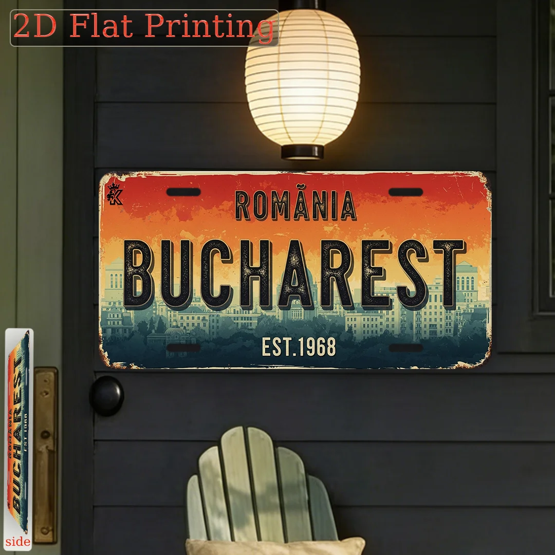 2D Flat Printing, Single Piece, Vintage Sign, Decorative Plaque And Ornament, Retro City Sign from Bucharest, Romania, Vintag