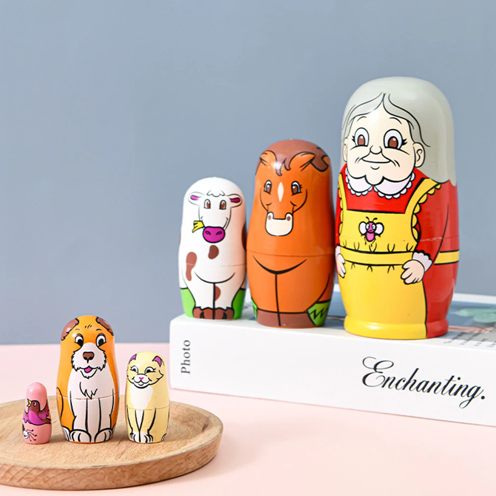 

6 Pcs Wooden Matryoshka Decor Toys Craftwork Grandmother Pattern Nesting Russian Stacking Decoration