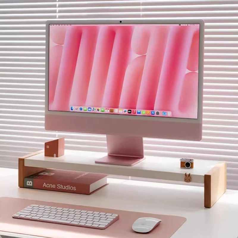 Carbon Steel & Solid Wood Monitor Stand Ergonomic Office Desk Organizer Compact Computer Screen
