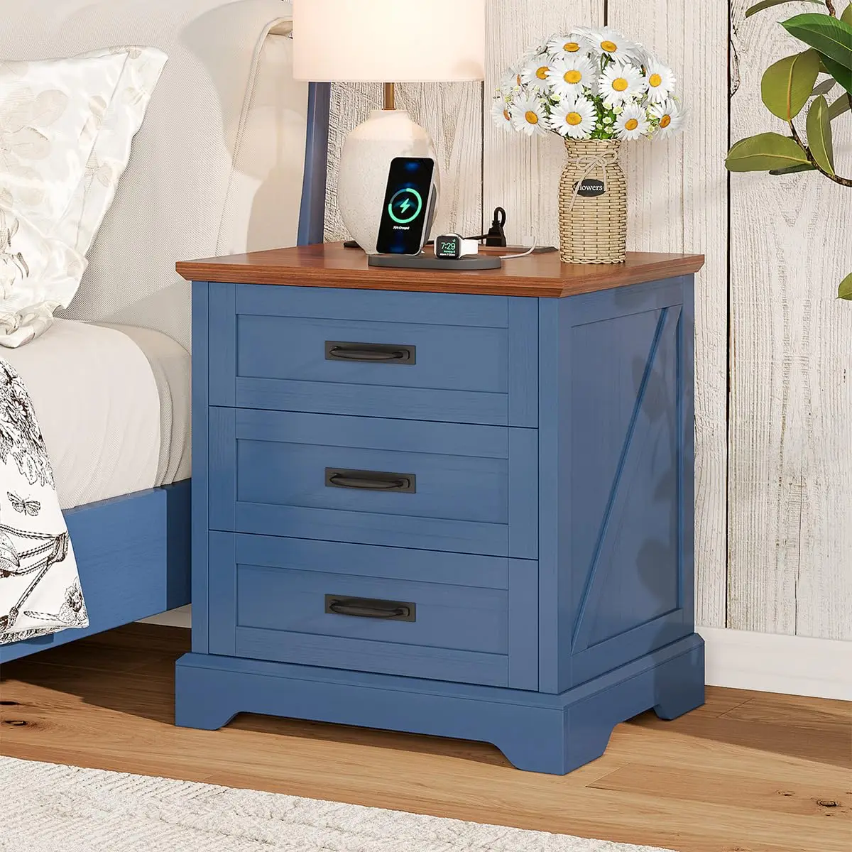Farmhouse Nightstand 3 Drawers USB Charging Station Bedroom Furniture, Customized