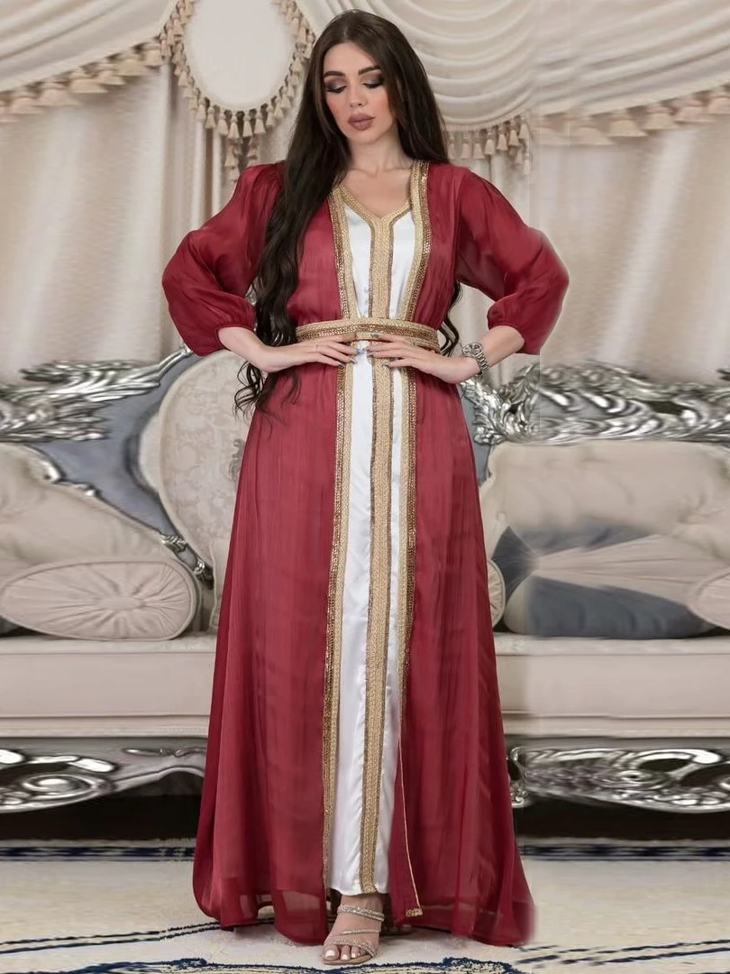 Long Sleeve Bright Silk Middle East Dubai Dress Two-Piece Set with Belt Style Party Women