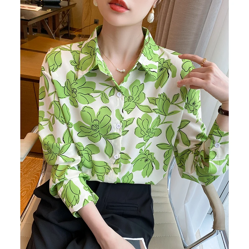 Women Spring Korean Loose Fashionable Printing Polo-Neck Long Sleeve Chiffon Shirts Women Clothes Casual All-match Trend Tops