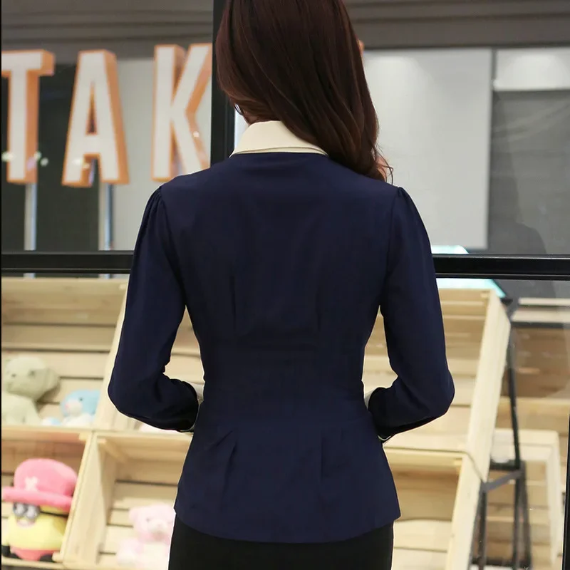 Korean Autumn Navy Blue Blouse Women\'s Long Sleeve Shirt Slim Fashion Shirts Ladies Bow Blouses Elegant Work Office Tops Blusas