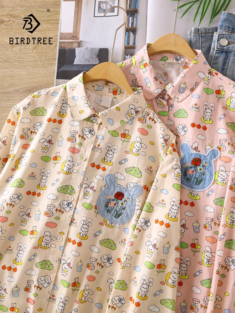 New Spring Cotton Long Sleeve Shirt, Women Cartoon Rabbit Print Top, Mori Girl Sweet Preppy Style Loose Blouse, 2025 T4D815CC