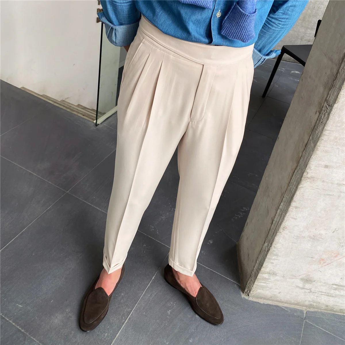 British Men High Waist Straight Pants Men Social Trousers Pant Italian Mens Formal Pant Pantalones Hombre 2022 Dress Ankle Pants