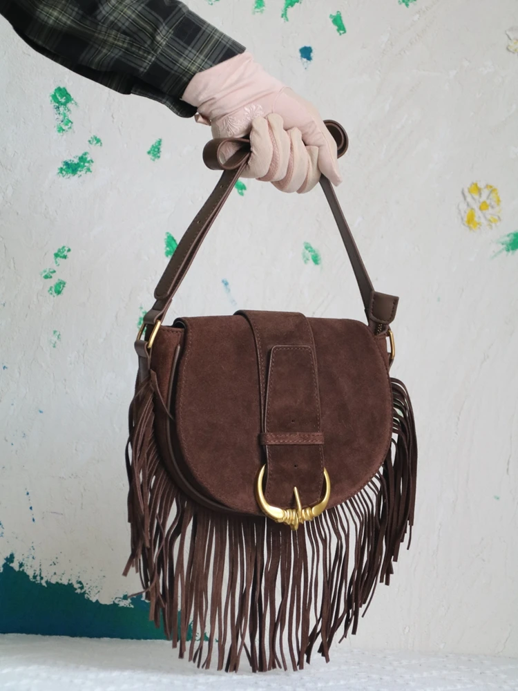 Fashion Unique Casual Tassel Women Bag\\Handbag Frosted Genuine Leather Lady Tote Real Leather Shoulder Crossbody Phone Bag New