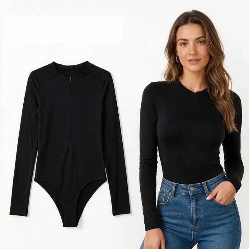 Women Long Sleeve Bodysuit Hidden Zipper Front Solid Slim Fit Stretch Basic Body Top for Ladies Daily Wear Streetwear Jumpsuit