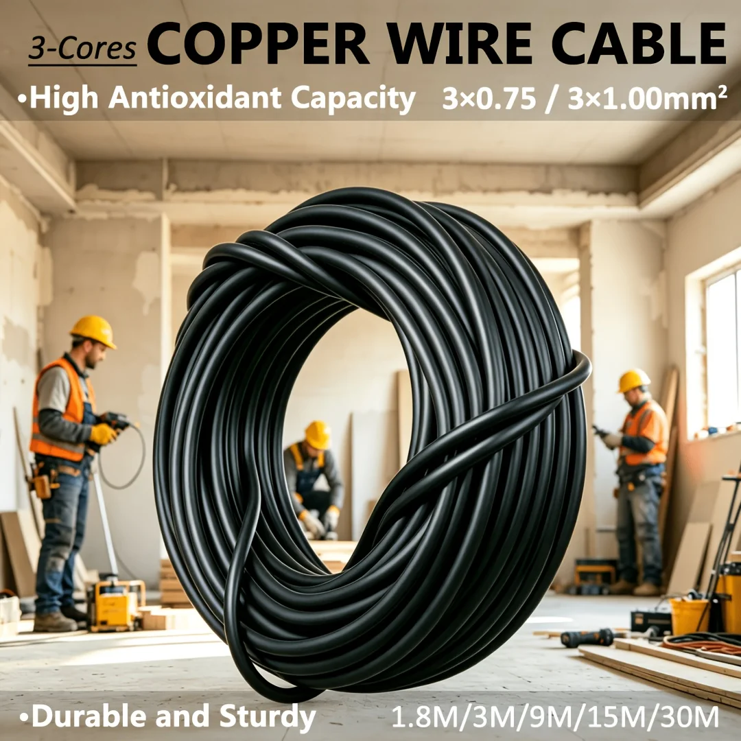 Pure Copper 3-Core Round Extension 1.8-30M Wire Cord High Conductivity Heavy Duty 0.75/1.0mm² Indoor Outdoor Power Tools Black