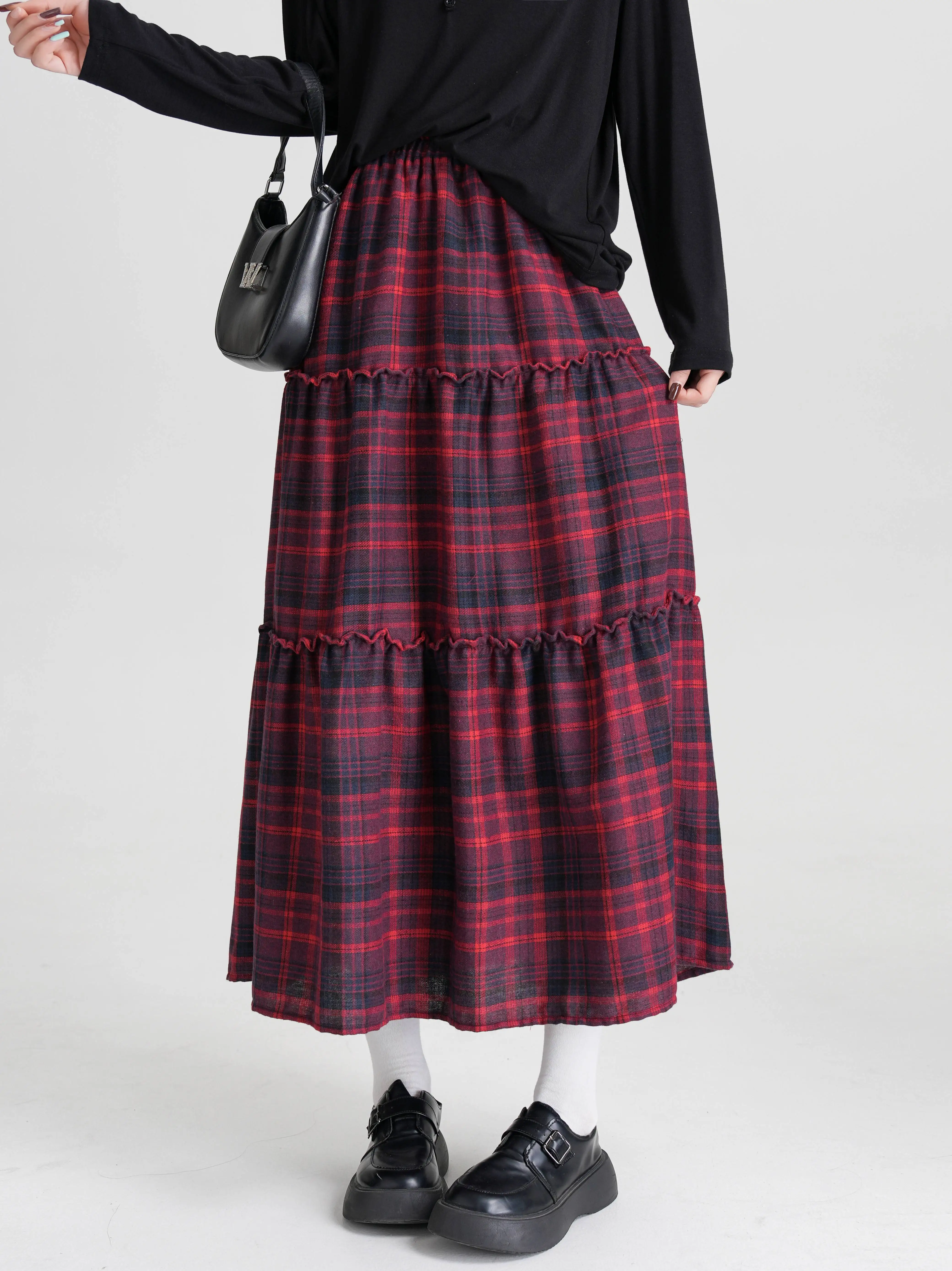 

Women's Vintage Asymmetrical Tiered Maxi Skirt - Double-Sided Plaid Pattern, Loose A-Line Silhouette, Polyester Long Flowy Skirt