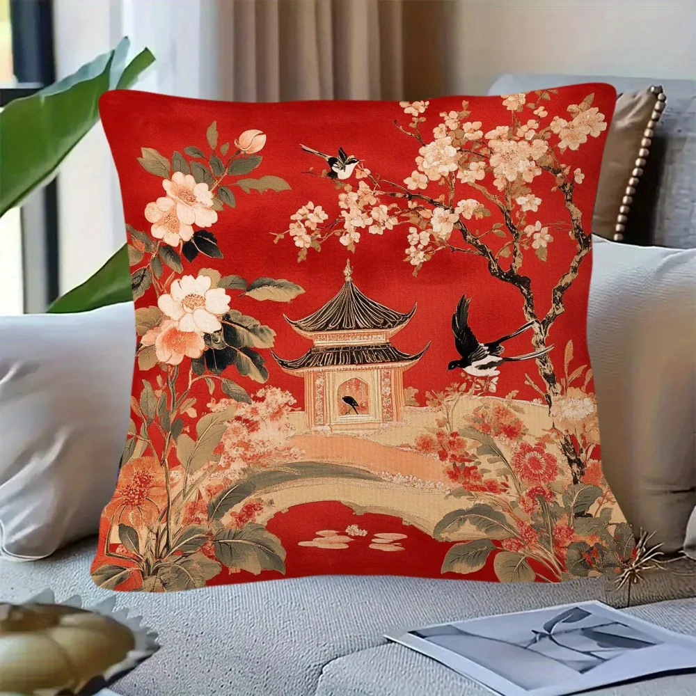 1pc Chinoiserie Red Magpie Pillow Cover, Polyester 2D Double-Sided Print, Traditional Chinese Garden & Flower Art, Oriental Home