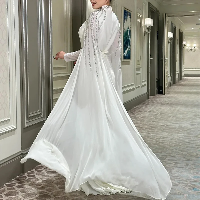 Dubai White High neck Formal Evening Dresses Beaded Chiffon Full sleeve Prom Dresses Customized robes de soirée