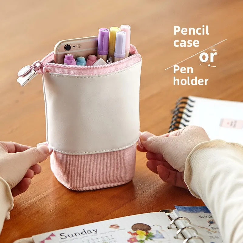 1 PC Korean Creative Solid Color Corduroy Drop-down Retractable Pencil Case Simple Stationery Storage Pencil Case Holder