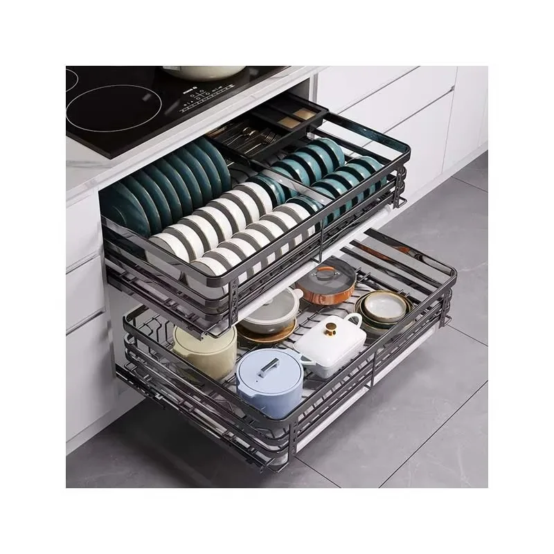 

Kitchen Cabinet Set Modern Stainless Steel Bowl Rack Basket Slide Out Drawers Basket Multifunctional Pull-out Basket