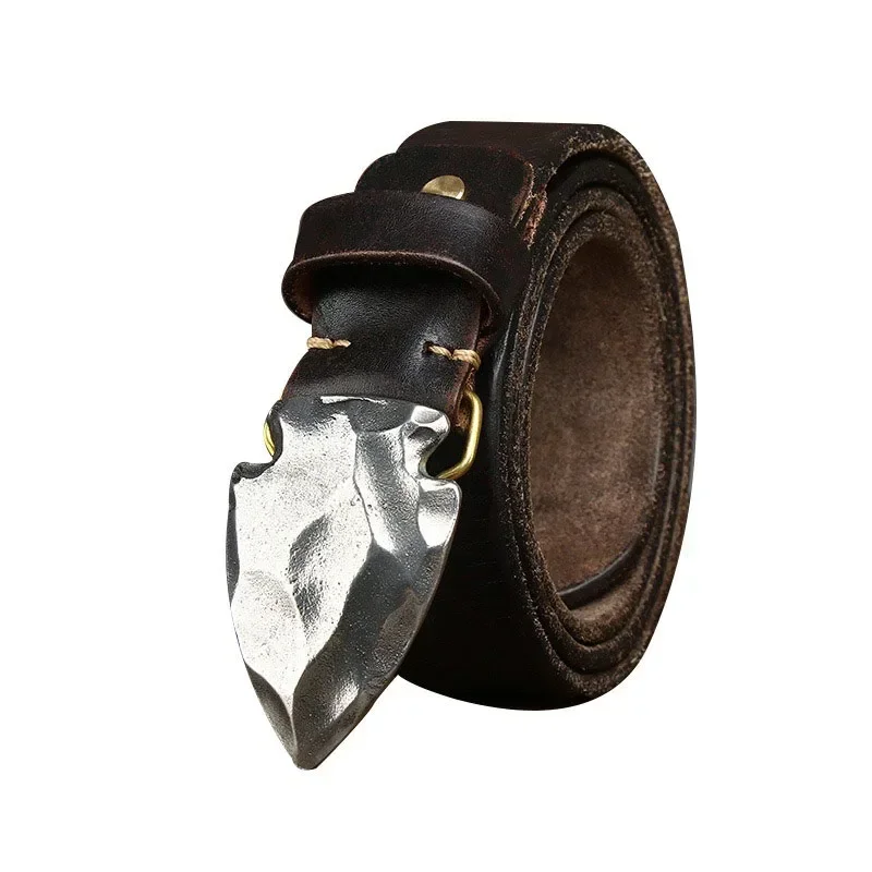 Smooth Steel Buckle Top Layer Genuine Leather Belt for Men's Cowboy Jeans Retro Trendy Personality Style