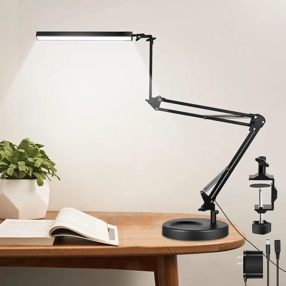 LED Desk Lamp with Clamp Adjustable Swing Arm 360 Degree Rotation 10 Brightness Levels 3 Color Temperatures Memory Function Home