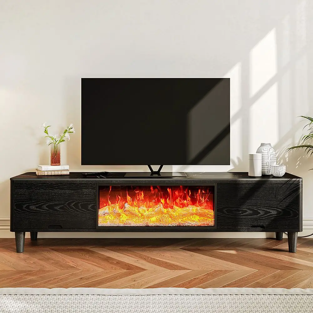 Nordic French solid wood fireplace TV cabinet rock slab surface 3D simulation flame fake fire decorative floor cabinet TV
