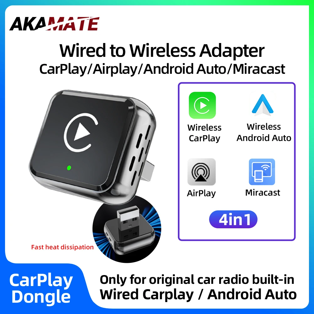 

Wireless CarPlay Android Auto Airplay Mirrolink/Miracast 4in1 Wired to Wireless Adapter Bluetooth for VW Audi Chevrolet Ford MG