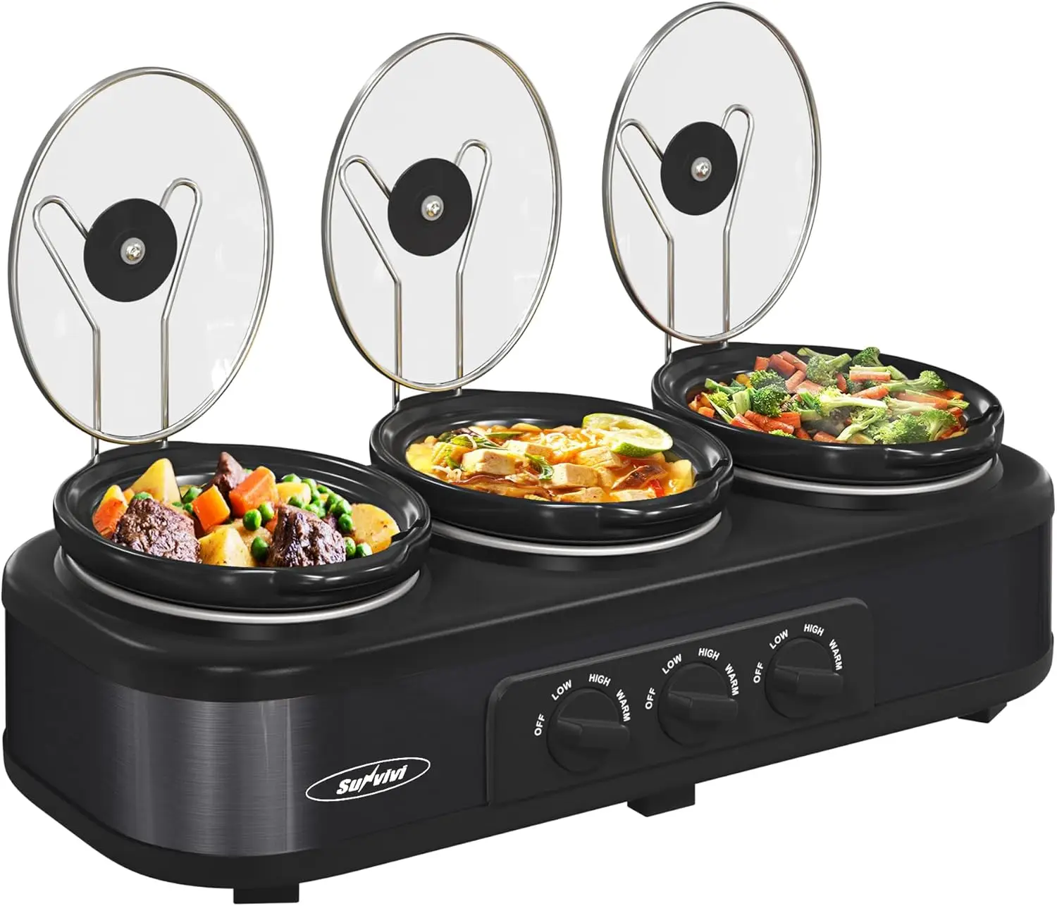 Triple Slow Cooker Buffet Servers and Warmer,3 Pot Food Small Mini Manual Slow Cooker with Adjustable Temp Stainless Steel Lid R