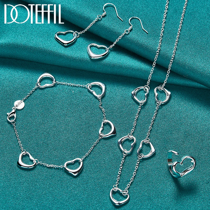 

DOTEFFIL 4pcs 925 Sterling Silver Heart Necklace Earring Bracelet Ring Set For Woman Wedding Engagement Fashion Charm Jewelry