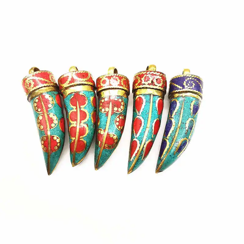 TBP013 Tibetan Fang Amulet Pendant Brass Inlaid Colorful Stone Teeth Pendants for Man