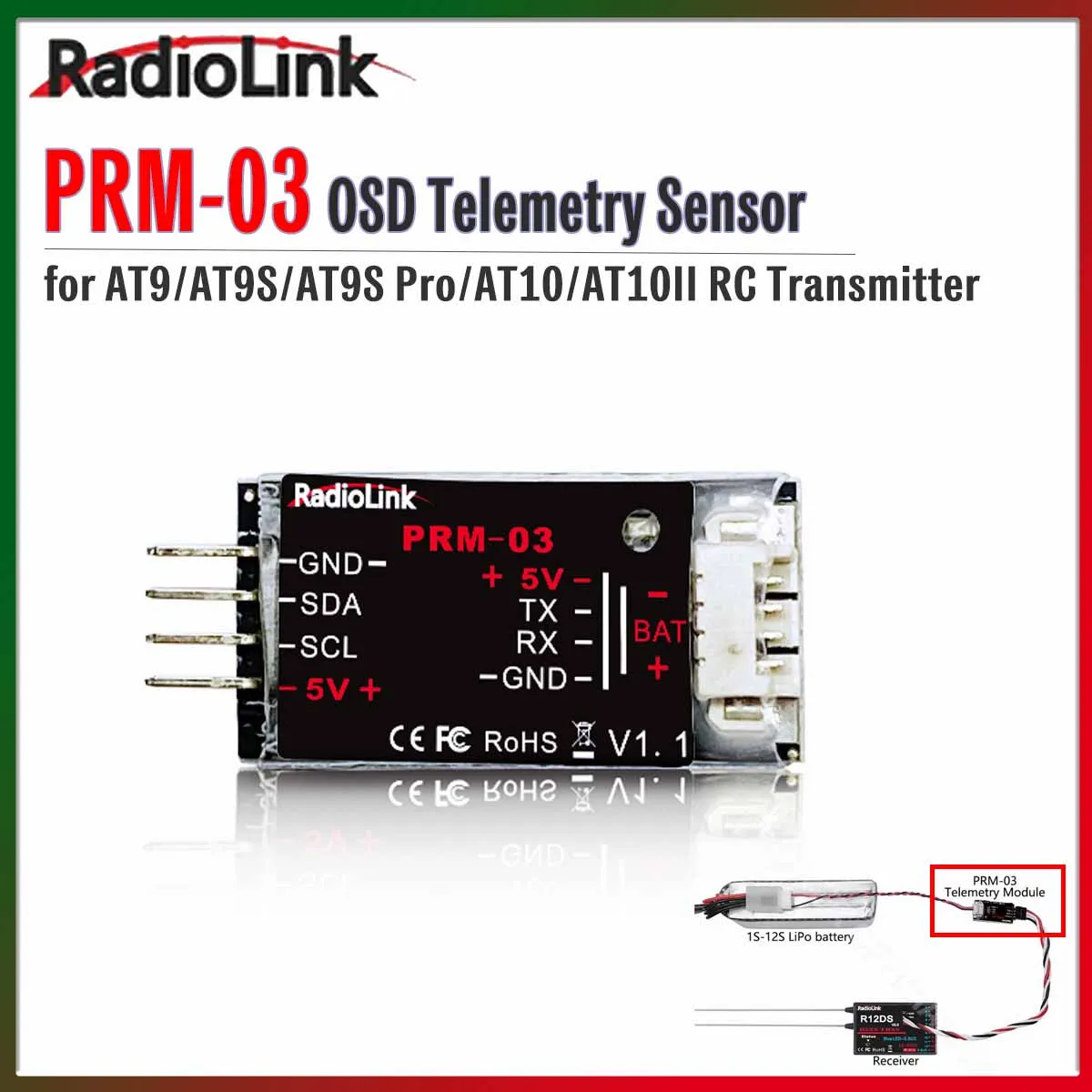 Radiolink PRM-03 OSD Telemetry Sensor Return Flight Information Module for AT9/AT9S/AT9S Pro/AT10/AT10II RC Transmitter