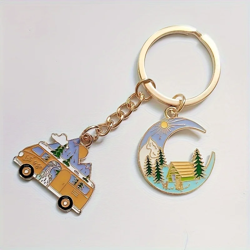 1-teiliger Emaille-Mond-Auto-Dame-Schlüsselanhänger, Winterlandschaft, touristisches Souvenir, Design für Wohnmobile und Reiseliebhaber, Thanksgiving-Geschenk – Detail 5