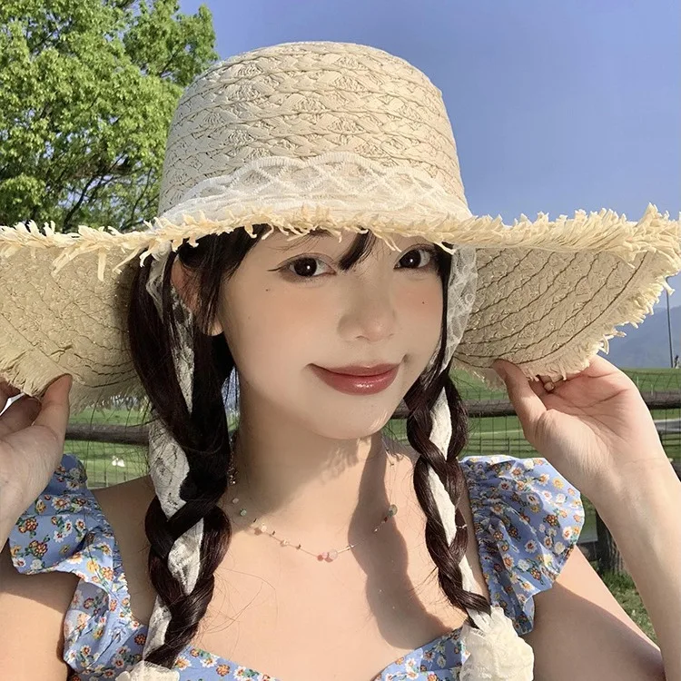 Big Brim Woven Straw Hat for Women Lace Mesh Ribbon Bandage Fairy Beach Travel Straw Sombrero Cap Chapeau Homme Summer Sun Hat