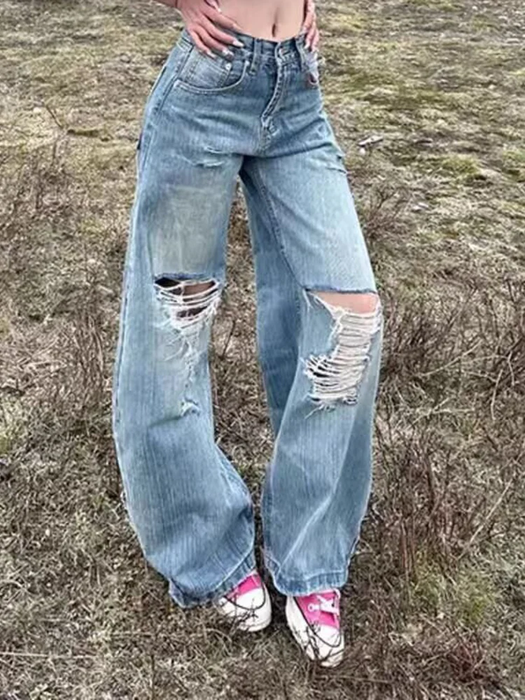

Y2K Ripped Jeans Women Distressed Casual Pants American High Street Spring Autumn Loose Straight Leg Wide Leg Long