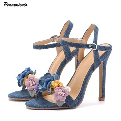 Ins style Fashion Flowers perle Denim Blue sandali da donna eleganti tacchi a spillo sandali gladiatore Summer Party Prom Shoes