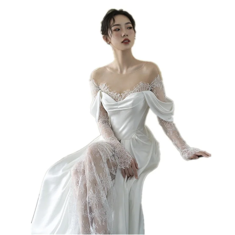 Robe de Mariée Élégante en Dentelle Blanche à Col Rond, Manches sulf, Ligne A, Longueur au Sol, Traîne de Balayage, Fente Latérale, Fermeture Éclair en Satin, pour Patients, 2024