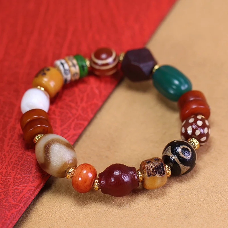 Natural Tibetan Genuine Old Agate Tiger Tooth Three-Eyed Dzi Bead Multi-Treasure Bracelet, approximately 15x18mm