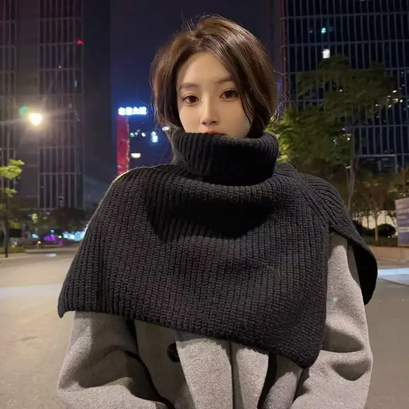 High Neck Irregular Wool Knitted Designer Scarf Outdoor Warm Convenient Windproof Matching Women Men Coat Solid Muffler