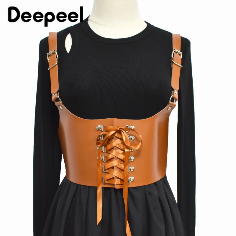 Deepeel 72cm Punk Women's PU Shoulder Strap Suspenders Cummerbunds Female Fashion Waist Corset Luxury Harness Peplum Belts