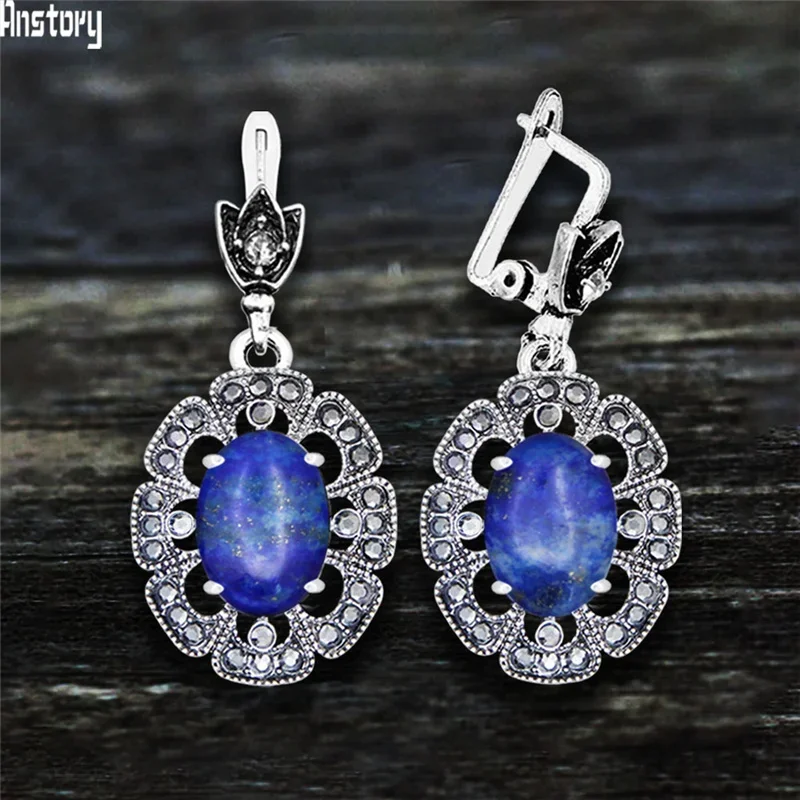 Vintage Plumflower Natural Jades Quartz Earrings For Women Antique Silver Plated Lapis Lazuli Tiger Eye Stone Fashion Earring