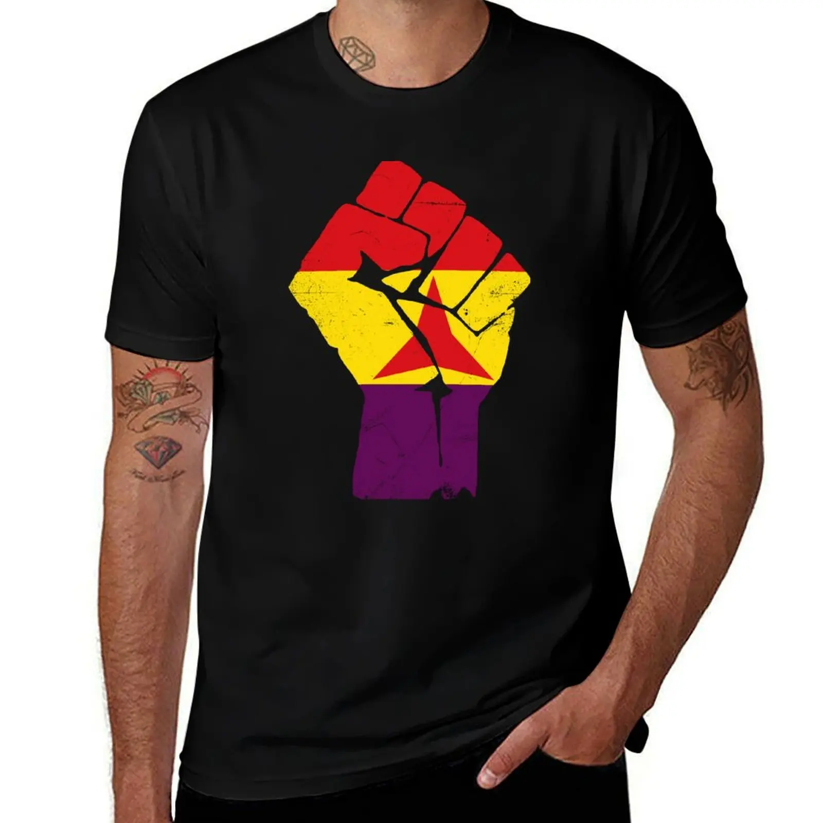 

International Brigades Distressed Second Spanish Republic Flag on Fist T-Shirt man clothes workout shirts for men