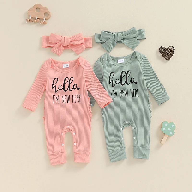 Newborn Baby Girl Romper Clothes Ribbed Letter Print Im New Here Long Sleeve Bodysuit 1Piece Jumpsuit Outfit with Headband