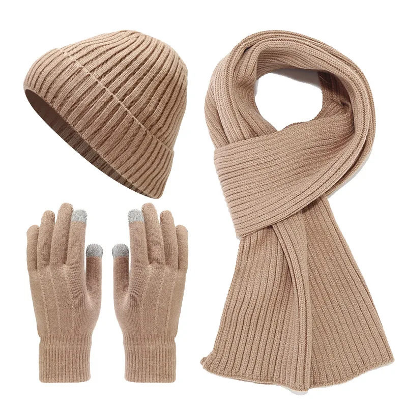 Winter knitted hat set Women Men scarf gloves three-piece set outdoor cold warm thickened set adult