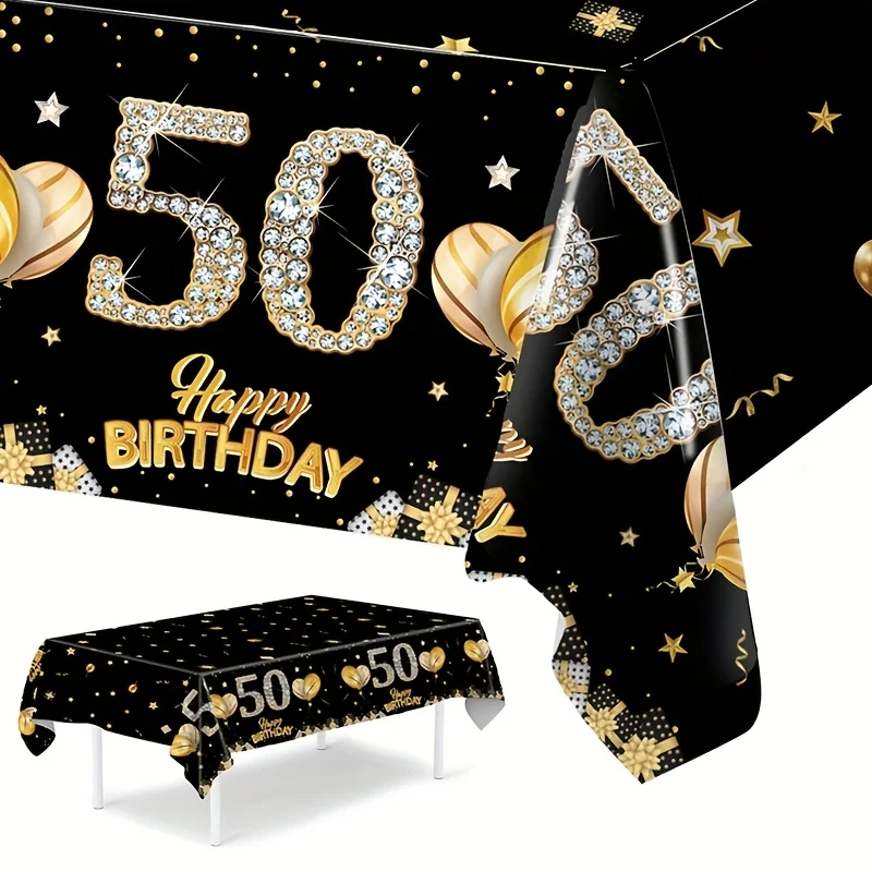 1pc, Happy 50Th Birthday Disposable PE Tablecloth, 51.18 X 86.61inch, Black Golden Balloon Gift Pattern Tablecloth, Adult Birthd