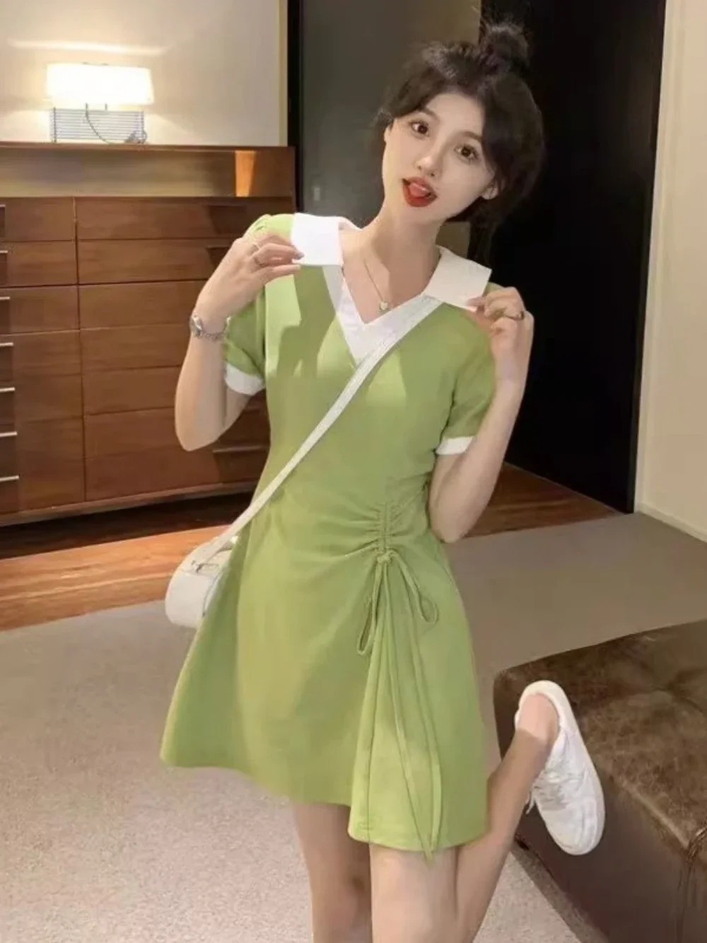 

Зеленые мини-женские платья с короткими рукавами в продаже, элегантное вечернее платье трапециевидной формы, красивое цельное женское платье Harajuku Y2k, распродажа
