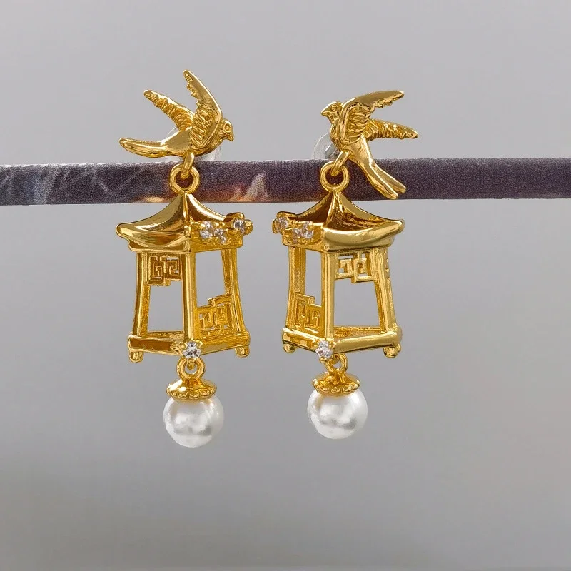 

Chinese Palace Style 925 Silver Needle Pavilion Bird Pearl Zircon Women's Earrings Vintage Jewelry