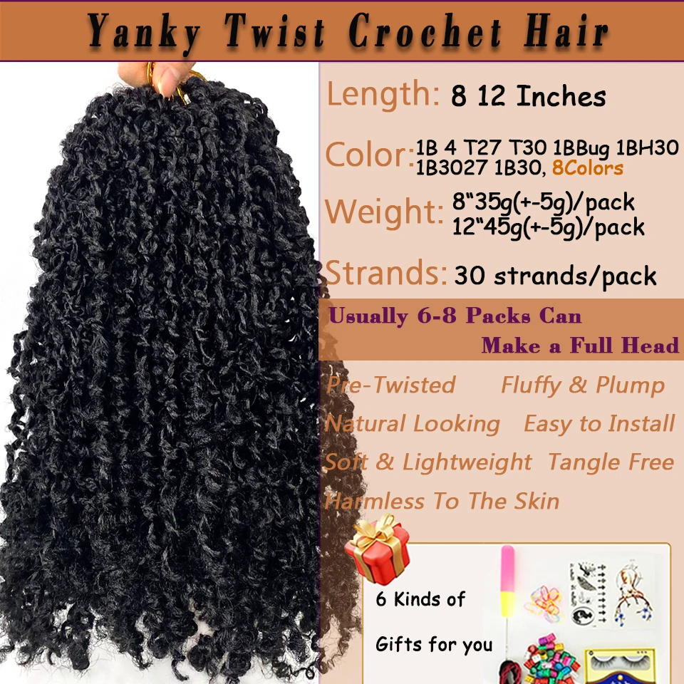 Donghou 1-8 Packs Yanky Twist Crochet Hair 12 8 Inch Synthetic Spring Twists Hair Senegalese Twist Crochet Hair with Curly Ends