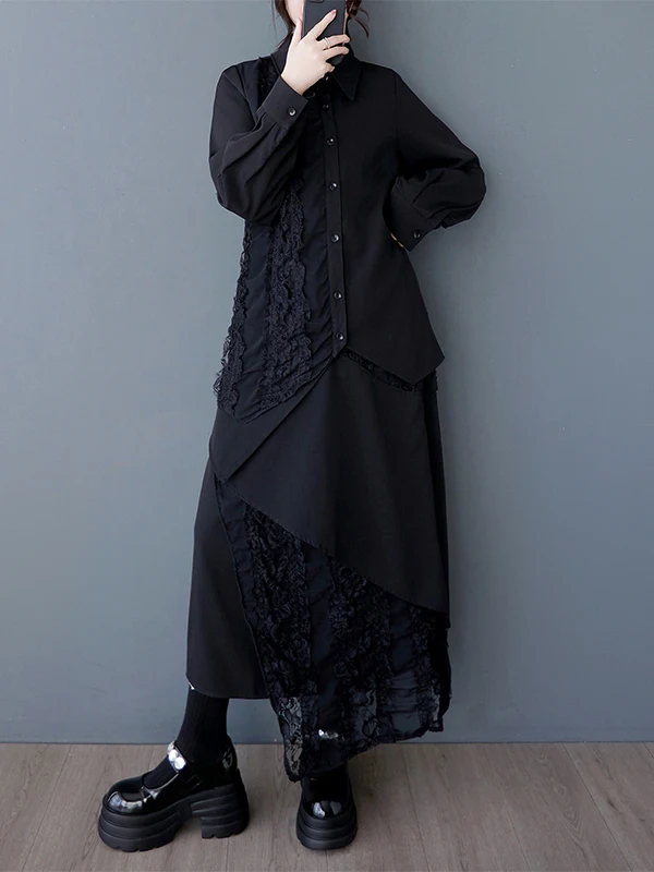 Spring Autumn 2025 New Sle k Loose Artistic Heavyweight Lace Trim Splicing irt Top f-length Skirt Irregular Hemline